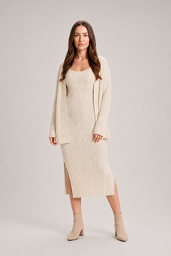 Women’s Ribbed Knit Midi Dress Set – Sleeveless Fitted Dress with Longline Cardigan for Autumn Layering