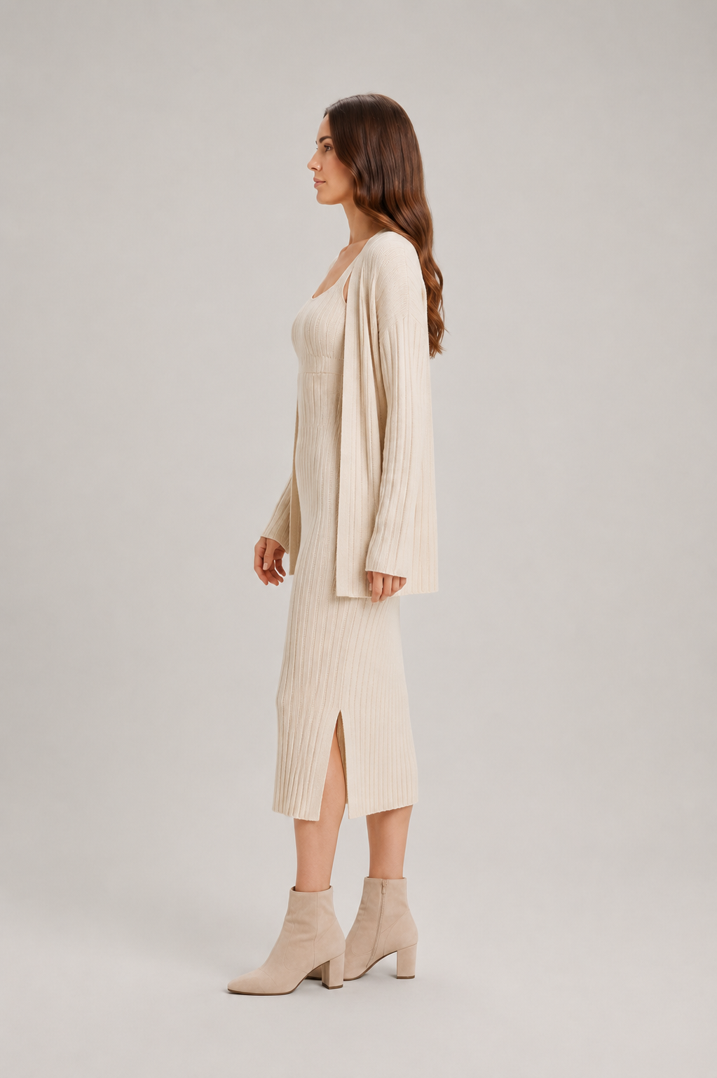 Women’s Ribbed Knit Midi Dress Set – Sleeveless Fitted Dress with Longline Cardigan for Autumn Layering