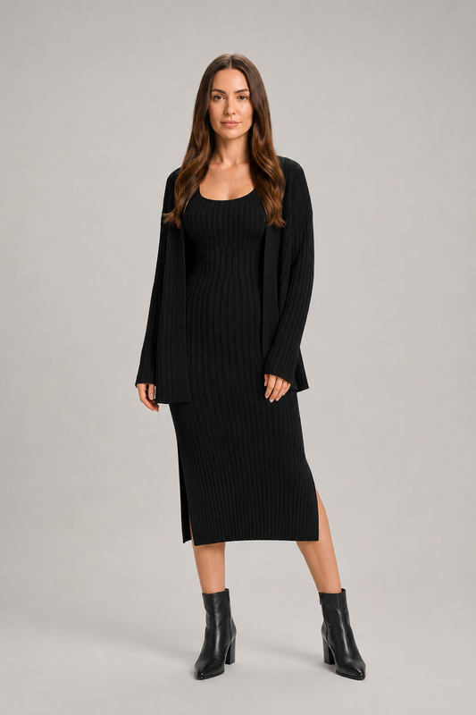 Women’s Ribbed Knit Midi Dress Set – Sleeveless Fitted Dress with Longline Cardigan for Autumn Layering