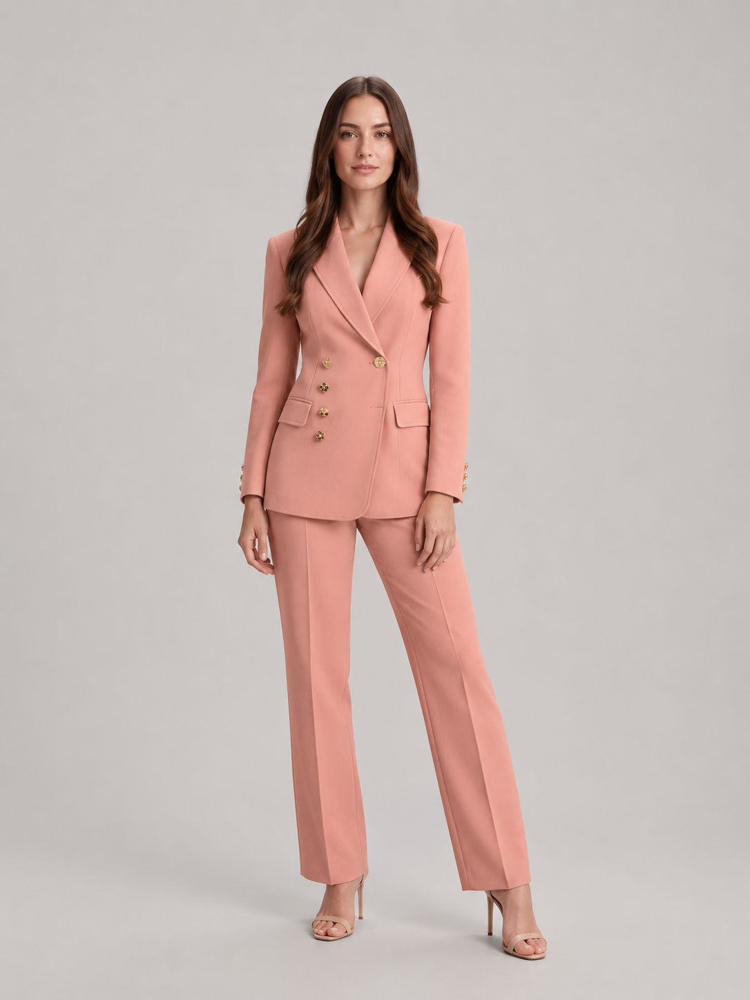 Women’s Tailored Trouser Suit – Fitted Blazer with Floral Gold-Tone Buttons and Wide-Leg Trousers for Office Wear