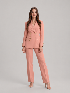 Women’s Tailored Trouser Suit – Fitted Blazer with Floral Gold-Tone Buttons and Wide-Leg Trousers for Office Wear