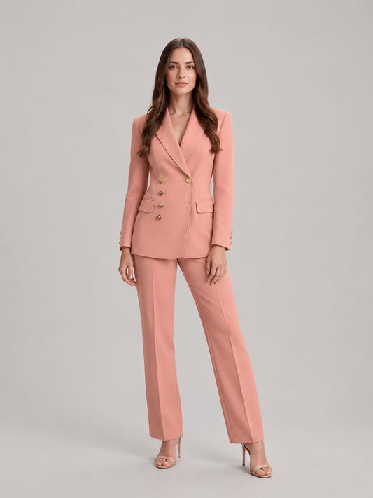 Women’s Tailored Trouser Suit – Fitted Blazer with Floral Gold-Tone Buttons and Wide-Leg Trousers for Office Wear