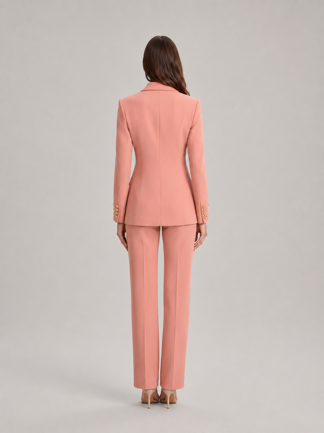 Women’s Tailored Trouser Suit – Fitted Blazer with Floral Gold-Tone Buttons and Wide-Leg Trousers for Office Wear