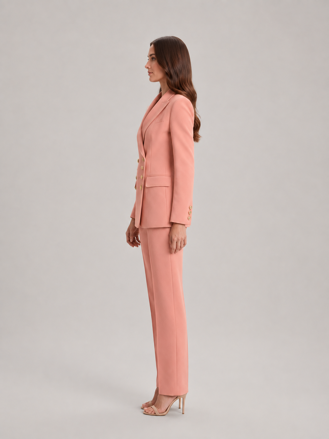 Women’s Tailored Trouser Suit – Fitted Blazer with Floral Gold-Tone Buttons and Wide-Leg Trousers for Office Wear