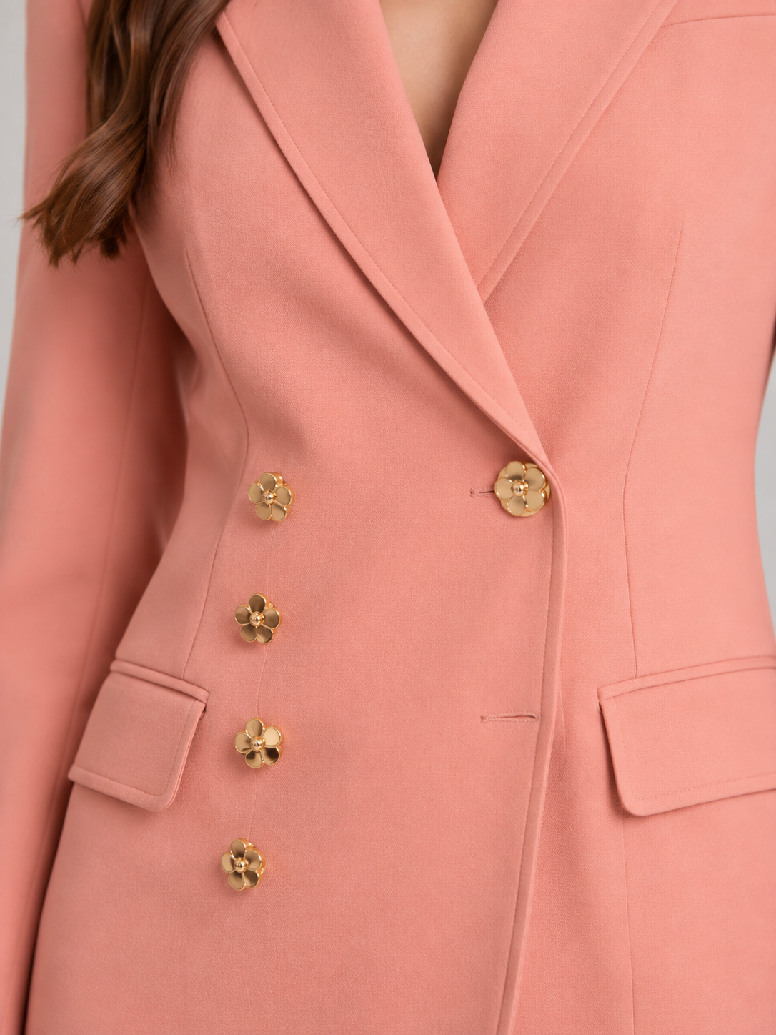 Women’s Tailored Trouser Suit – Fitted Blazer with Floral Gold-Tone Buttons and Wide-Leg Trousers for Office Wear
