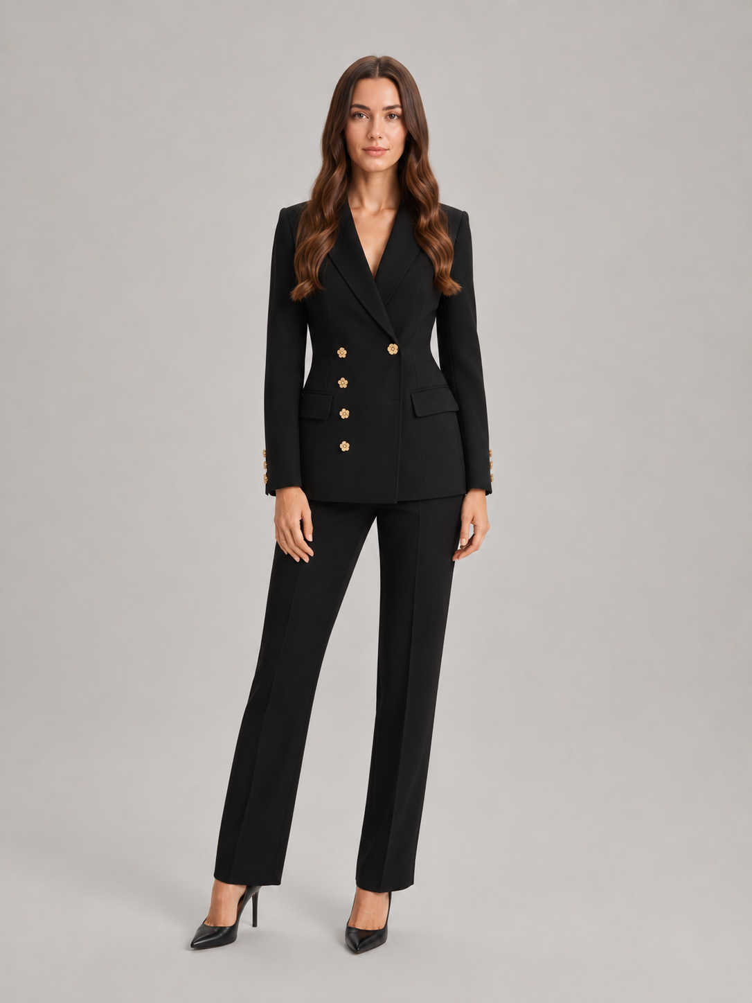 Women’s Tailored Trouser Suit – Fitted Blazer with Floral Gold-Tone Buttons and Wide-Leg Trousers for Office Wear