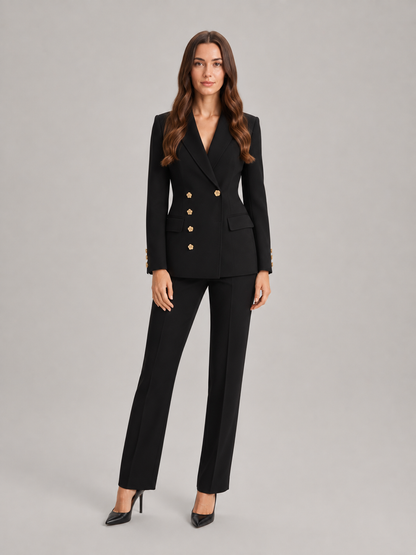 Women’s Tailored Trouser Suit – Fitted Blazer with Floral Gold-Tone Buttons and Wide-Leg Trousers for Office Wear