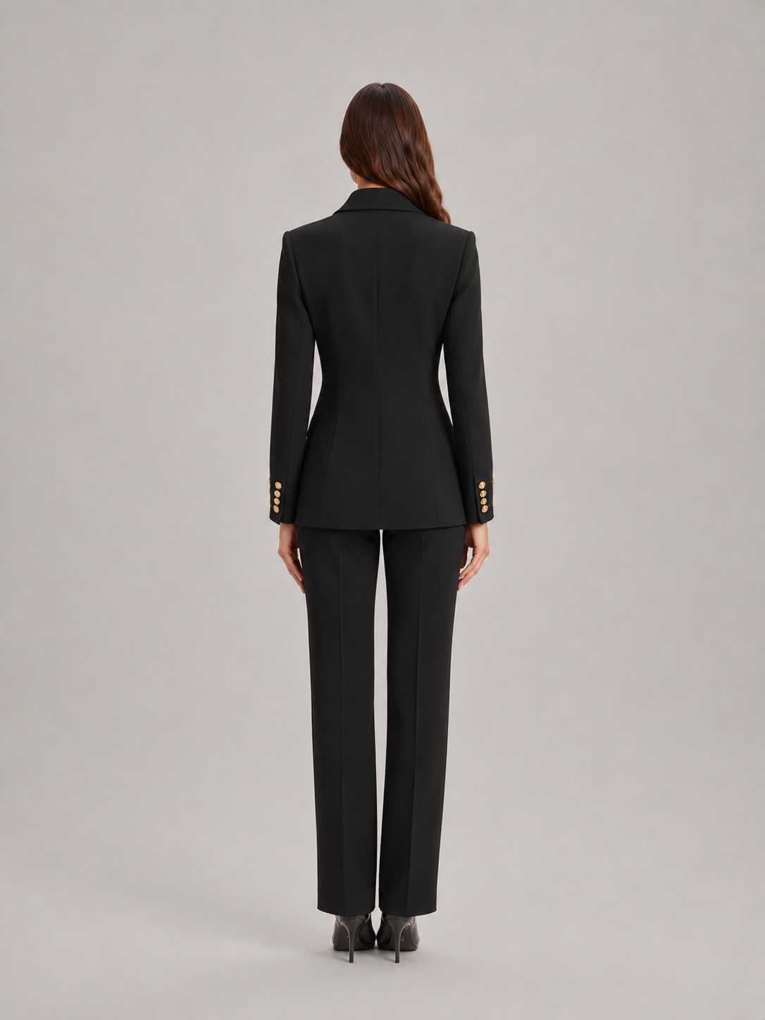 Women’s Tailored Trouser Suit – Fitted Blazer with Floral Gold-Tone Buttons and Wide-Leg Trousers for Office Wear