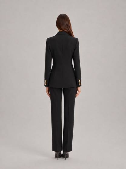 Women’s Tailored Trouser Suit – Fitted Blazer with Floral Gold-Tone Buttons and Wide-Leg Trousers for Office Wear