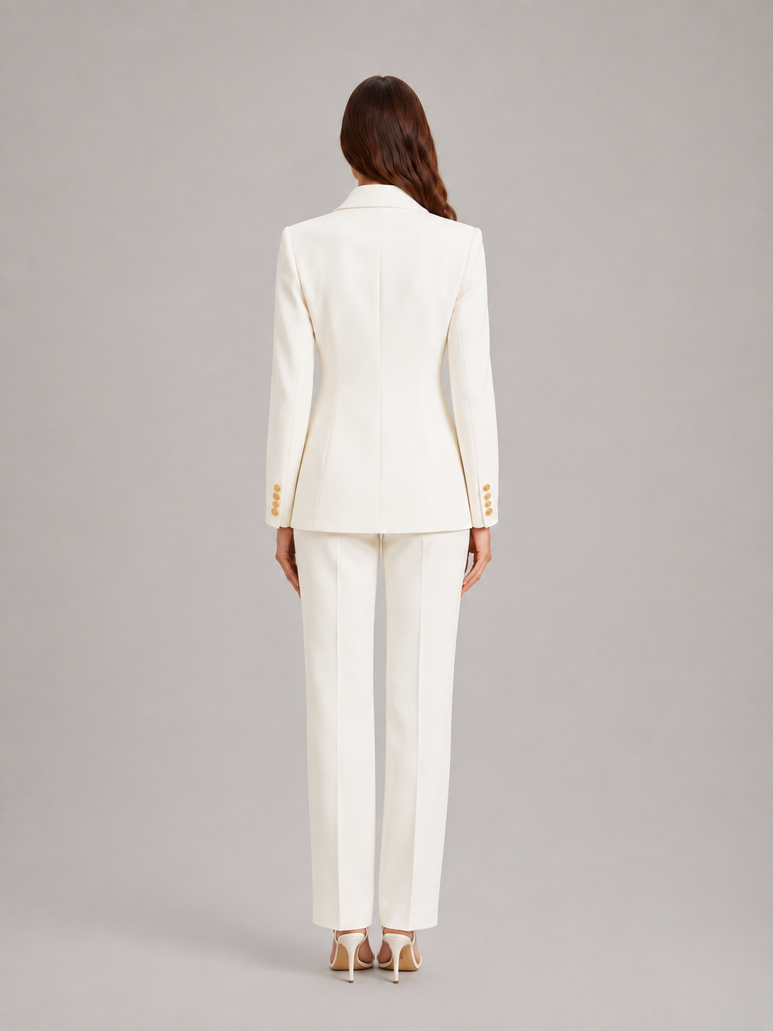 Women’s Tailored Trouser Suit – Fitted Blazer with Floral Gold-Tone Buttons and Wide-Leg Trousers for Office Wear
