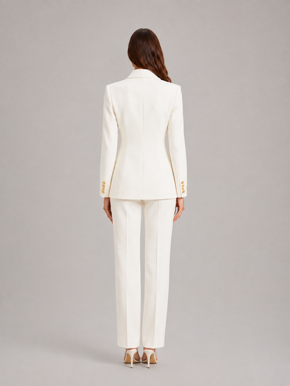 Women’s Tailored Trouser Suit – Fitted Blazer with Floral Gold-Tone Buttons and Wide-Leg Trousers for Office Wear