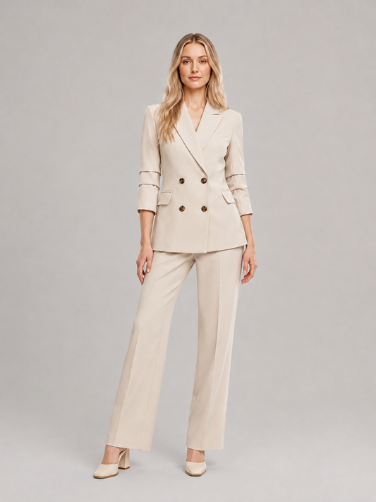 Women’s Double-Breasted Trouser Suit – Tailored Blazer with Wide-Leg Trousers for Office and Business Wear