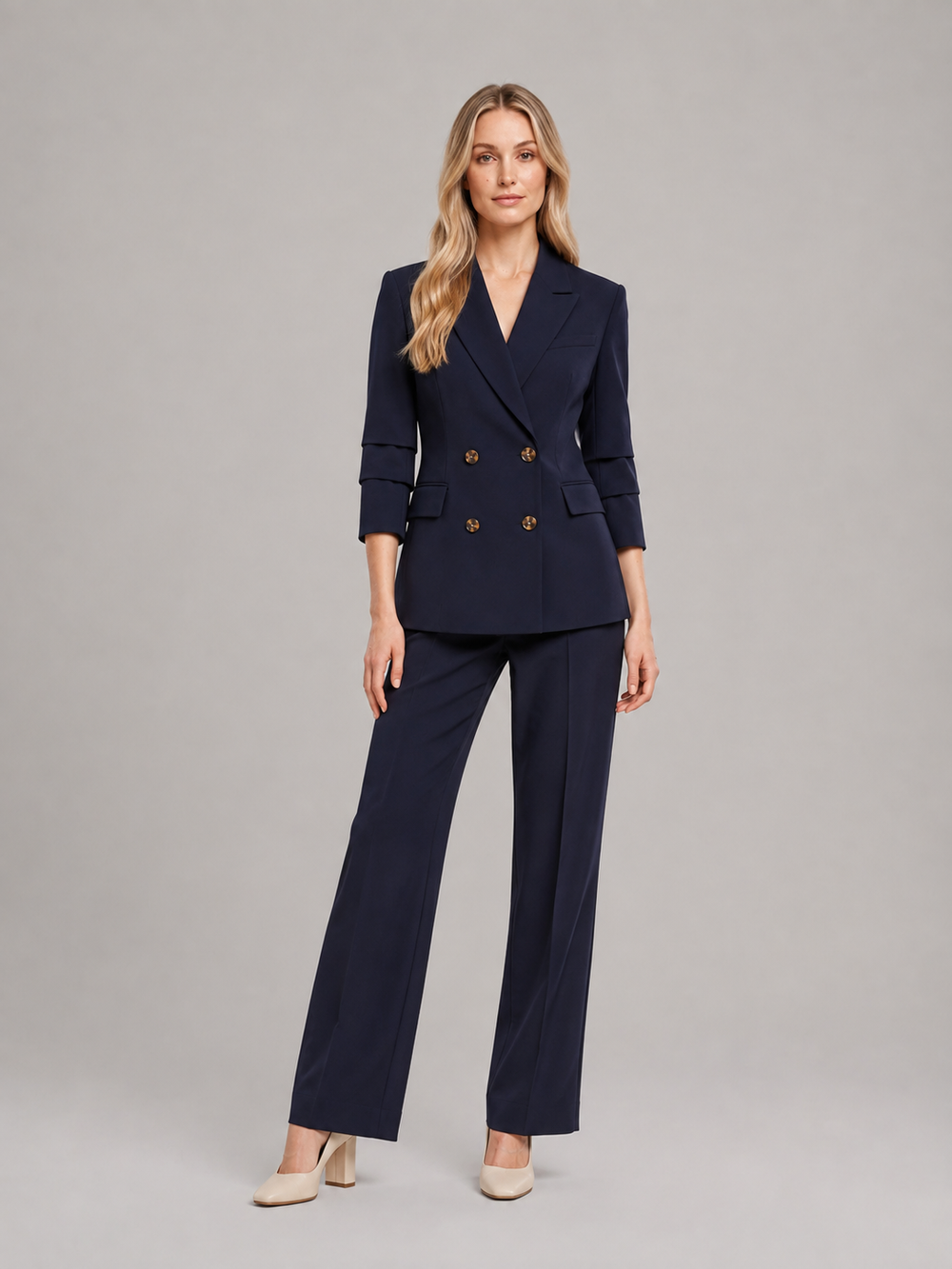 Women’s Double-Breasted Trouser Suit – Tailored Blazer with Wide-Leg Trousers for Office and Business Wear