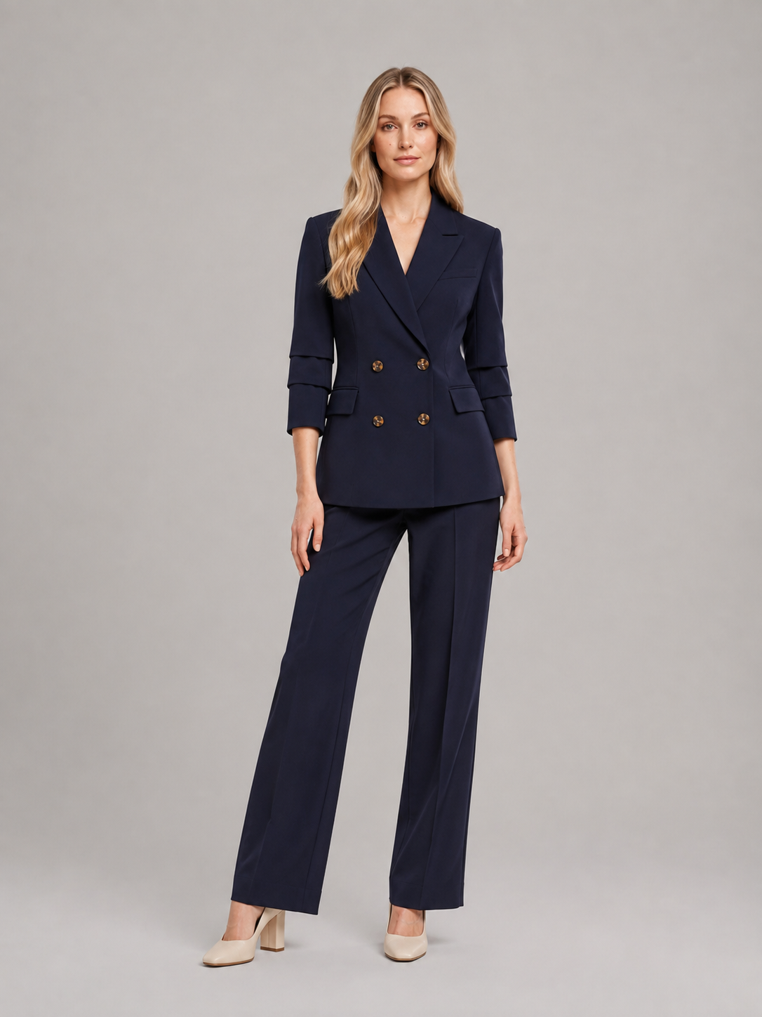 Women’s Double-Breasted Trouser Suit – Tailored Blazer with Wide-Leg Trousers for Office and Business Wear