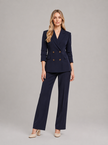 Women’s Double-Breasted Trouser Suit – Tailored Blazer with Wide-Leg Trousers for Office and Business Wear