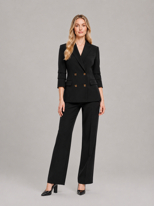 Women’s Double-Breasted Trouser Suit – Tailored Blazer with Wide-Leg Trousers for Office and Business Wear