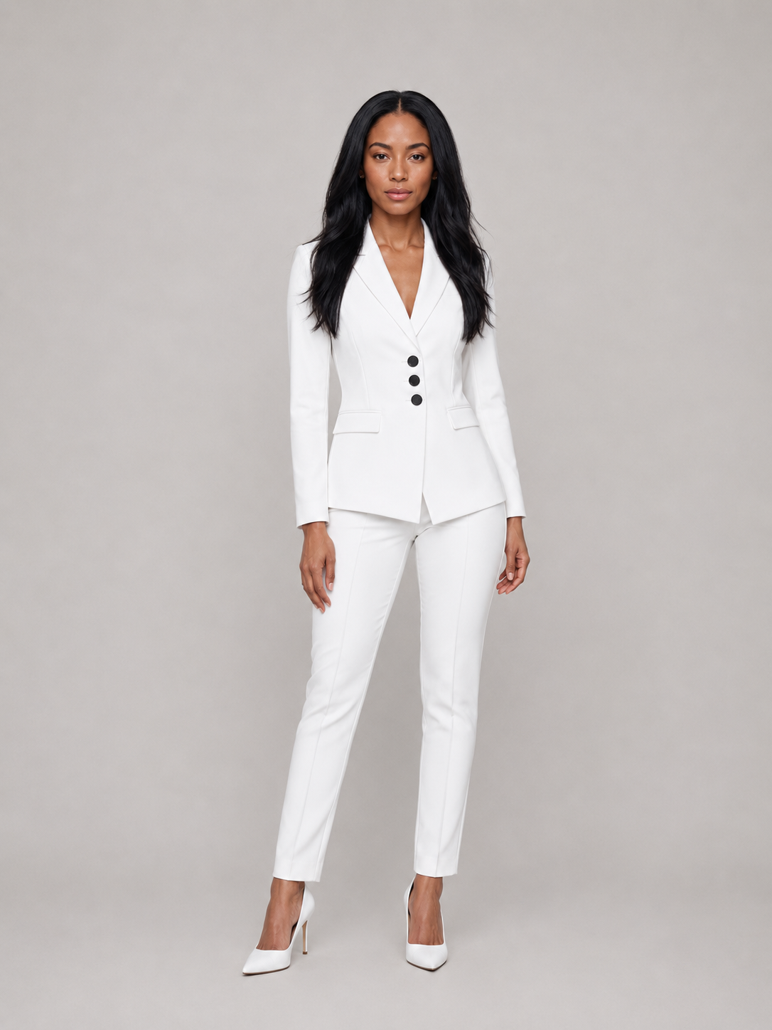 Women’s Tailored Trouser Suit – Fitted Blazer with Contrast Buttons and Straight-Leg Trousers for Business and Occasion Wear