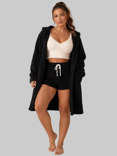 Women’s Plush Lounge Pyjama Set – Cropped Camisole with Drawstring Shorts and Long Hooded Robe for Cosy Homewear