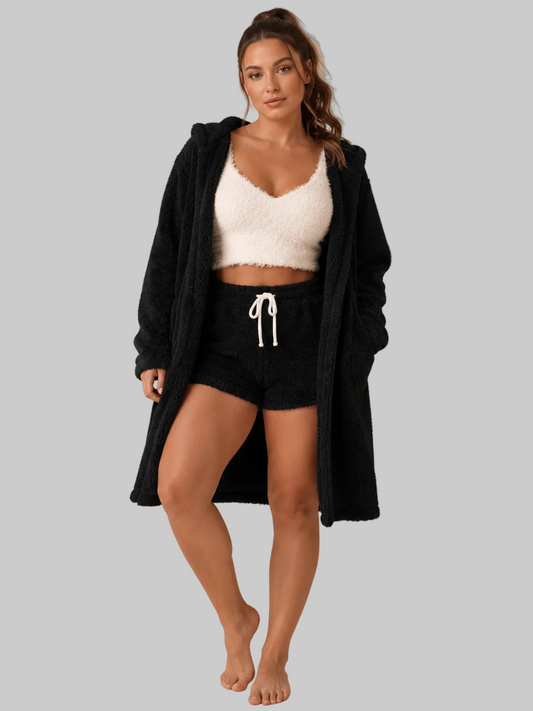 Women’s Plush Lounge Pyjama Set – Cropped Camisole with Drawstring Shorts and Long Hooded Robe for Cosy Homewear