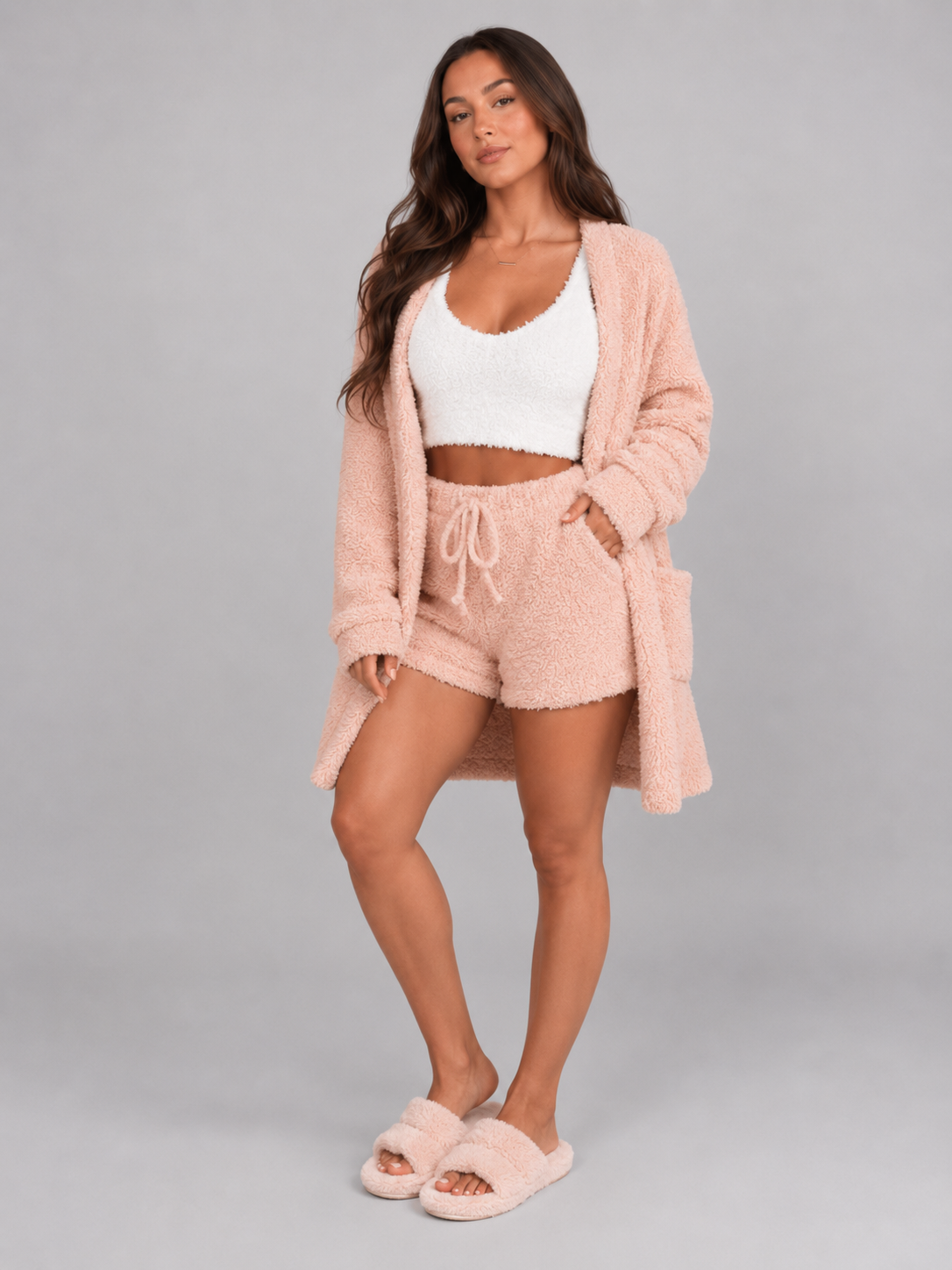 Women’s Plush Lounge Pyjama Set – Cropped Camisole with Drawstring Shorts and Long Hooded Robe for Cosy Homewear