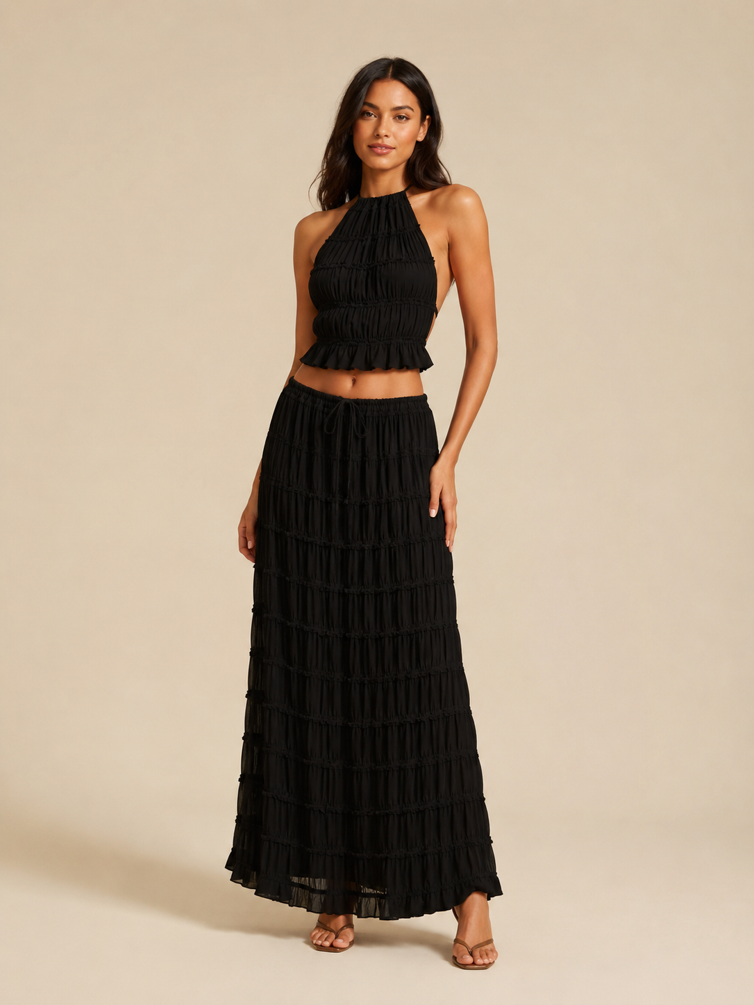 Women’s Ruched Halter Two-Piece Set – Cropped Open-Back Top with Tiered Maxi Skirt for Summer Evenings and Holidays