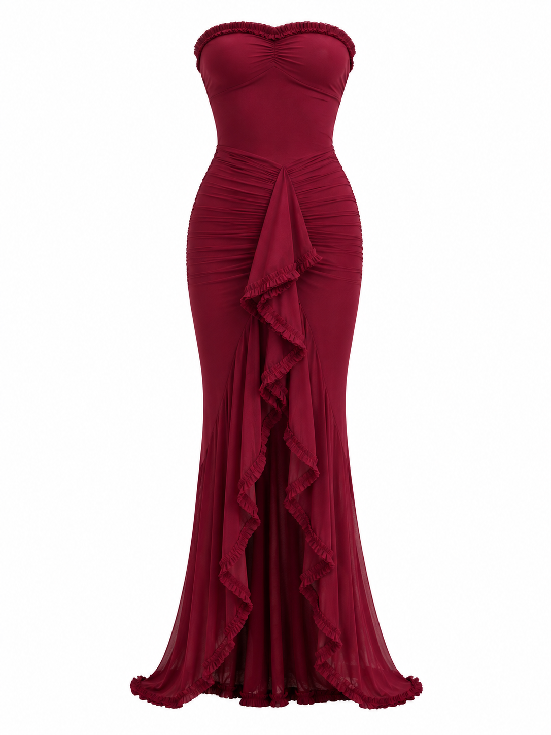 Women’s Strapless Ruffle Maxi Dress – Ruched Evening Gown for Formal Events
