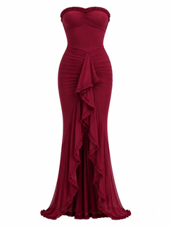 Women’s Strapless Ruffle Maxi Dress – Ruched Evening Gown for Formal Events