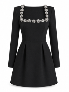 Women’s Square-Neck Mini Dress – Embellished Fit-and-Flare Style for Evening Events