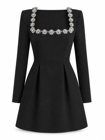 Women’s Square-Neck Mini Dress – Embellished Fit-and-Flare Style for Evening Events