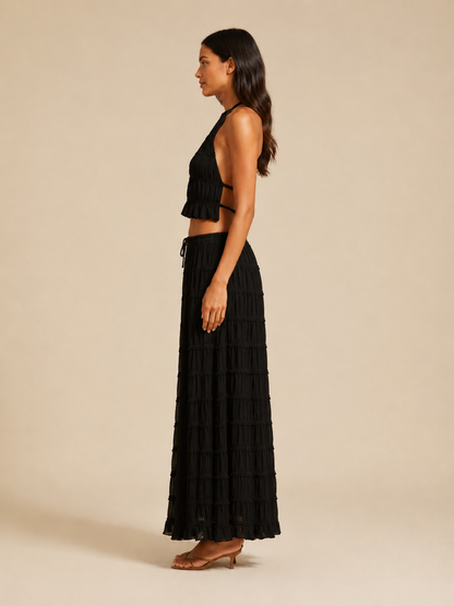 Women’s Ruched Halter Two-Piece Set – Cropped Open-Back Top with Tiered Maxi Skirt for Summer Evenings and Holidays