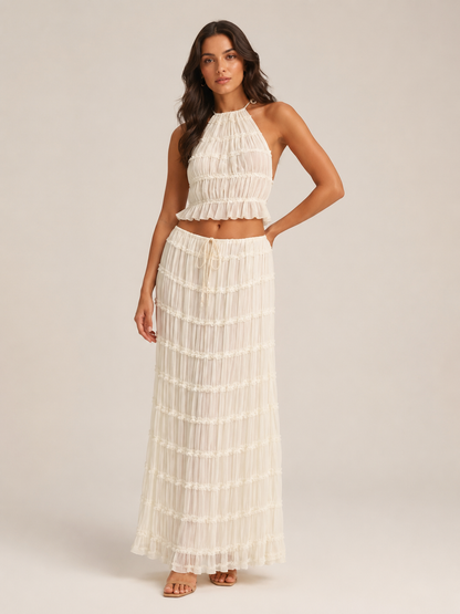 Women’s Ruched Halter Two-Piece Set – Cropped Open-Back Top with Tiered Maxi Skirt for Summer Evenings and Holidays