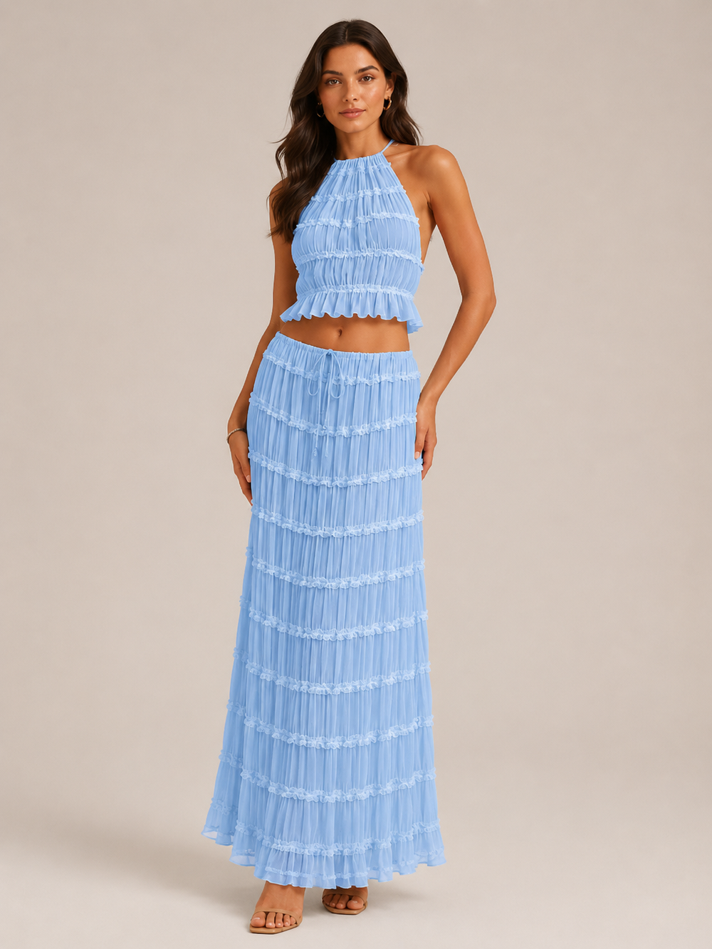Women’s Ruched Halter Two-Piece Set – Cropped Open-Back Top with Tiered Maxi Skirt for Summer Evenings and Holidays