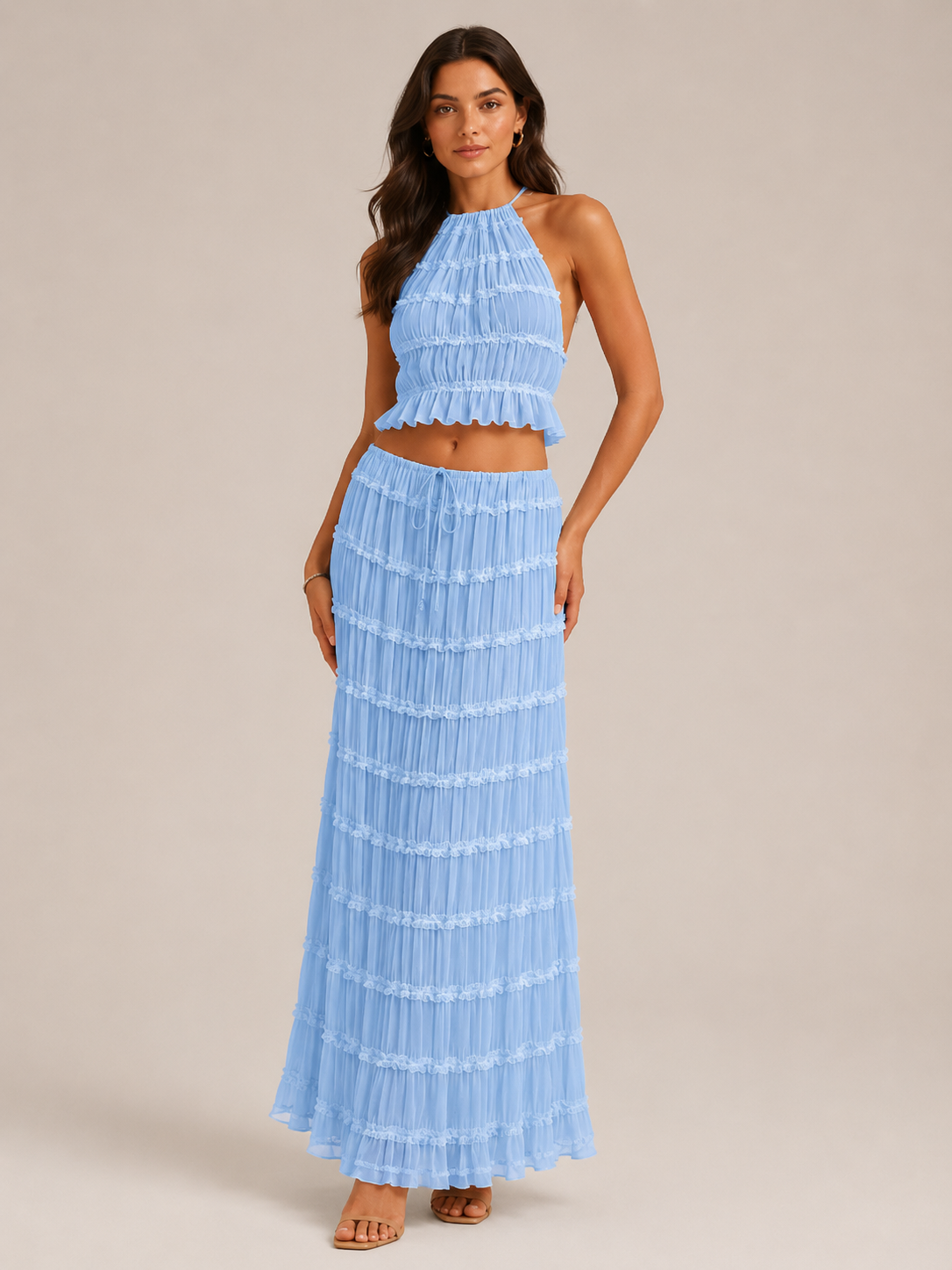 Women’s Ruched Halter Two-Piece Set – Cropped Open-Back Top with Tiered Maxi Skirt for Summer Evenings and Holidays