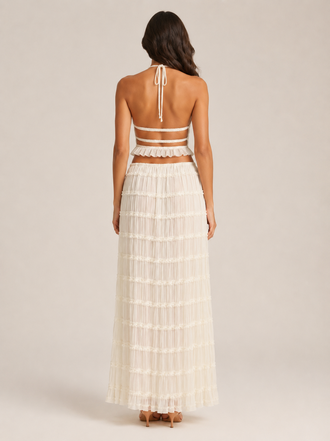 Women’s Ruched Halter Two-Piece Set – Cropped Open-Back Top with Tiered Maxi Skirt for Summer Evenings and Holidays