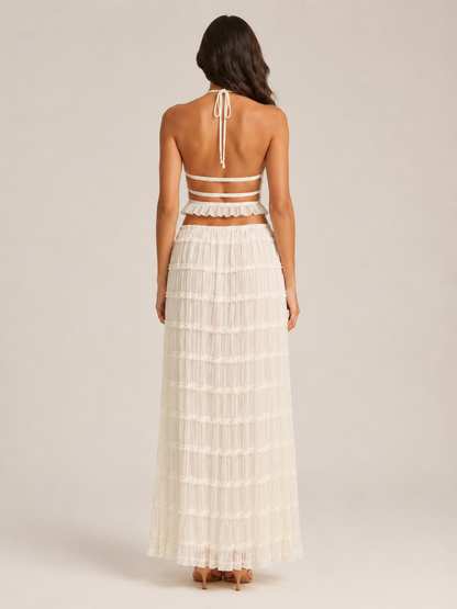 Women’s Ruched Halter Two-Piece Set – Cropped Open-Back Top with Tiered Maxi Skirt for Summer Evenings and Holidays