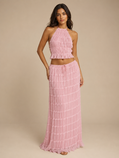 Women’s Ruched Halter Two-Piece Set – Cropped Open-Back Top with Tiered Maxi Skirt for Summer Evenings and Holidays