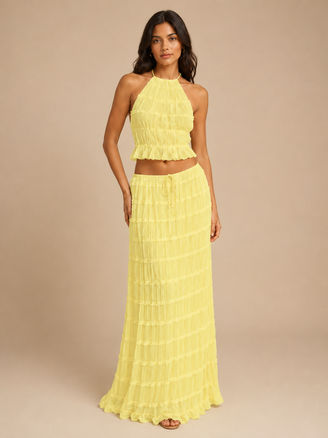 Women’s Ruched Halter Two-Piece Set – Cropped Open-Back Top with Tiered Maxi Skirt for Summer Evenings and Holidays