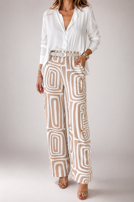 Women’s Two-Piece Set – Printed Shirt Blouse with Wide-Leg Trousers