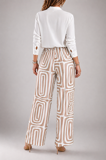 Women’s Two-Piece Set – Printed Shirt Blouse with Wide-Leg Trousers
