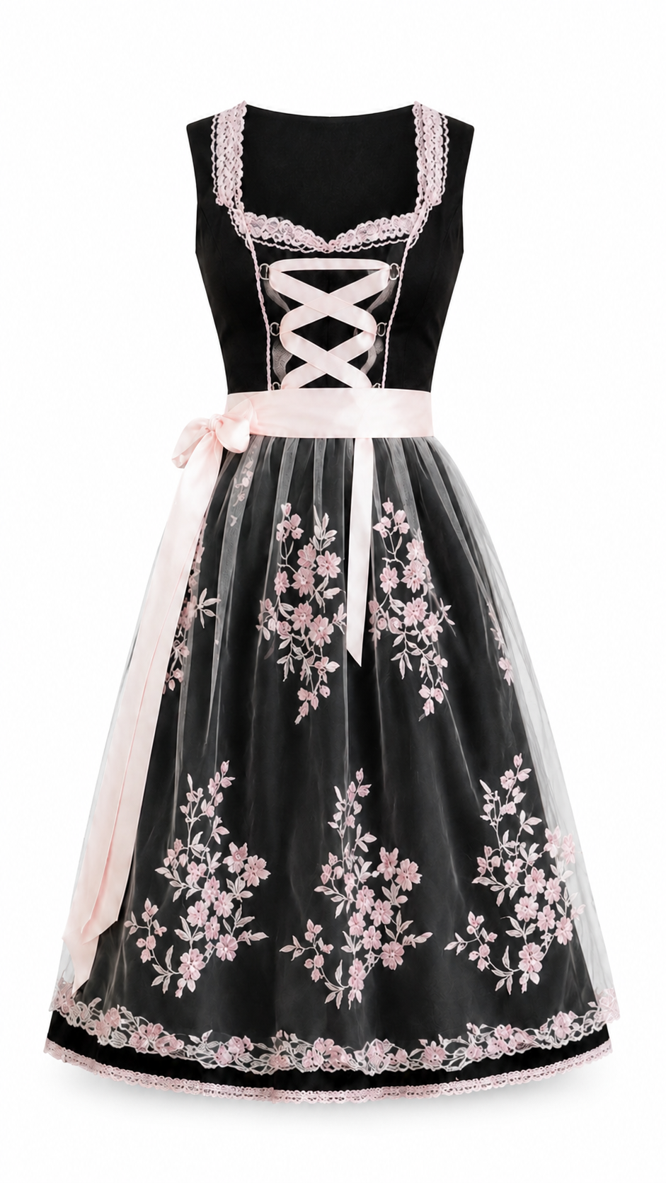 Women’s Floral Dirndl Dress – Lace-Up Oktoberfest Midi with Embroidered Apron