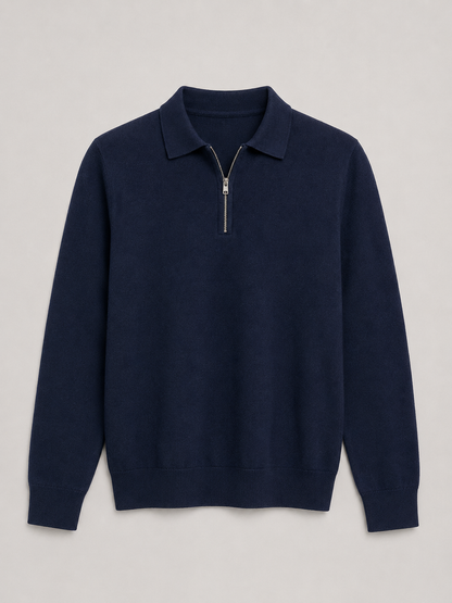 Men’s Fine-Knit Polo Sweater – Zip-Neck Smart Layer for Autumn and Winter