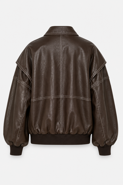 Women’s Oversized Bomber Jacket – Contrast-Stitch Zip Layer for Spring and Autumn