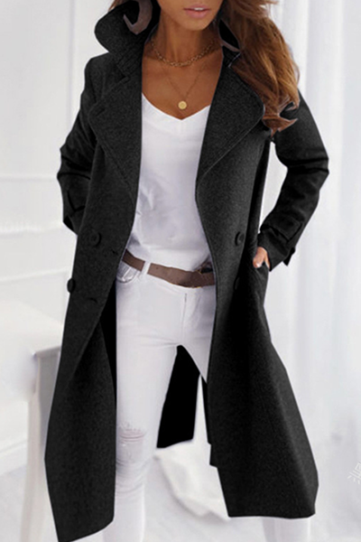 Women’s Long Coat – Belted Lapel Coat with Side Pockets