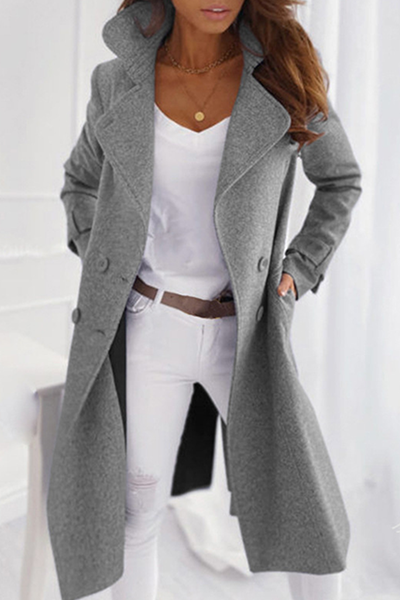 Women’s Long Coat – Belted Lapel Coat with Side Pockets