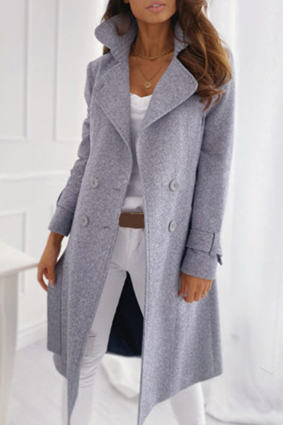 Women’s Long Coat – Belted Lapel Coat with Side Pockets