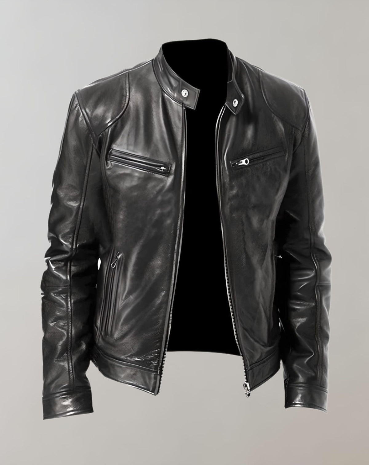 Men’s Gloss-Finish Leather Jacket – Zip-Front Racer Style for Smart Casual Wear