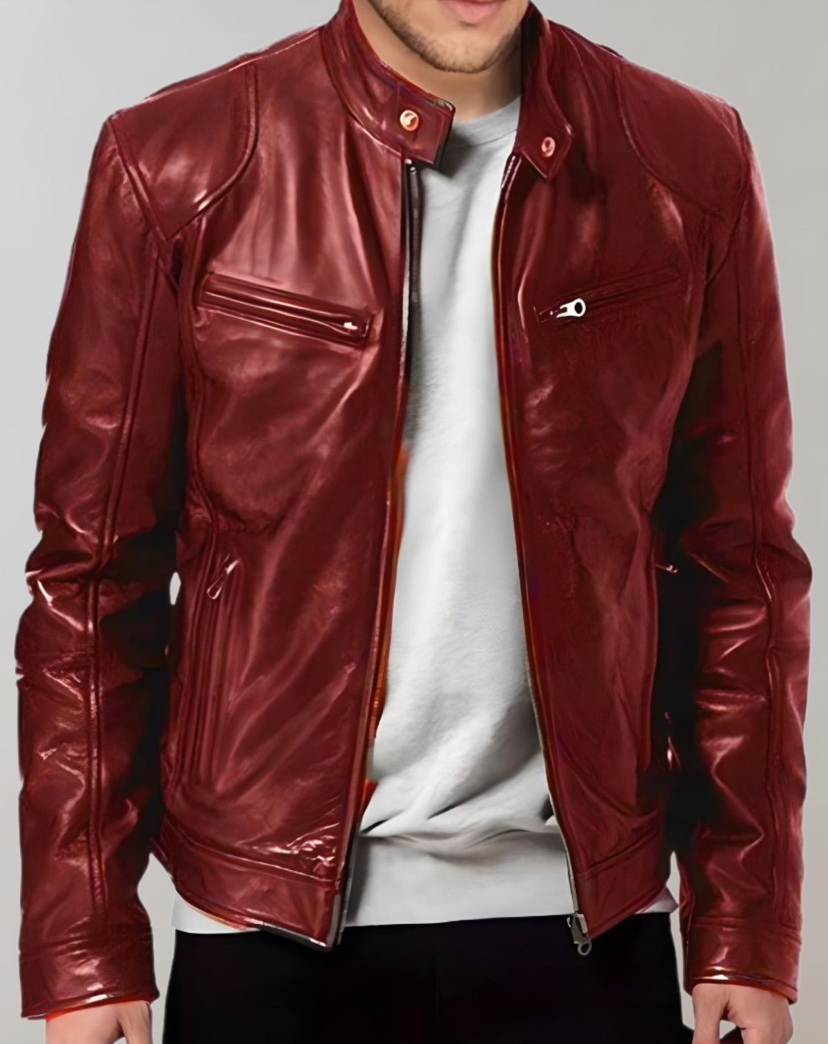 Men’s Gloss-Finish Leather Jacket – Zip-Front Racer Style for Smart Casual Wear