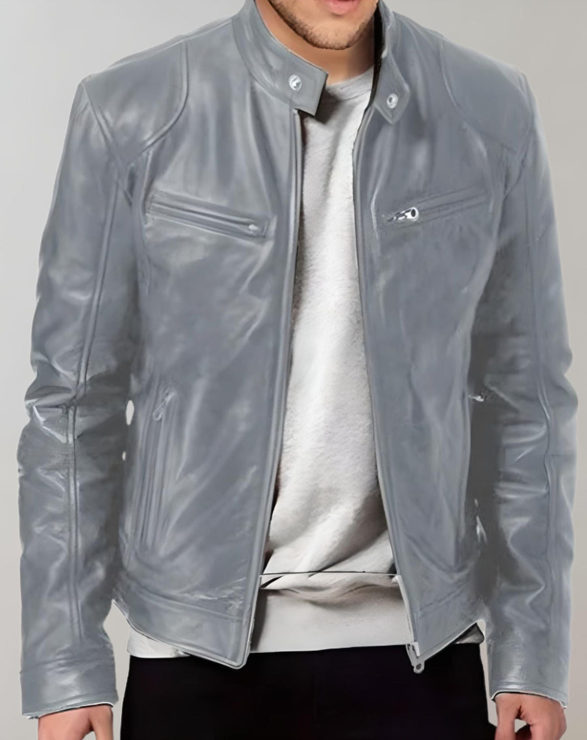 Men’s Gloss-Finish Leather Jacket – Zip-Front Racer Style for Smart Casual Wear