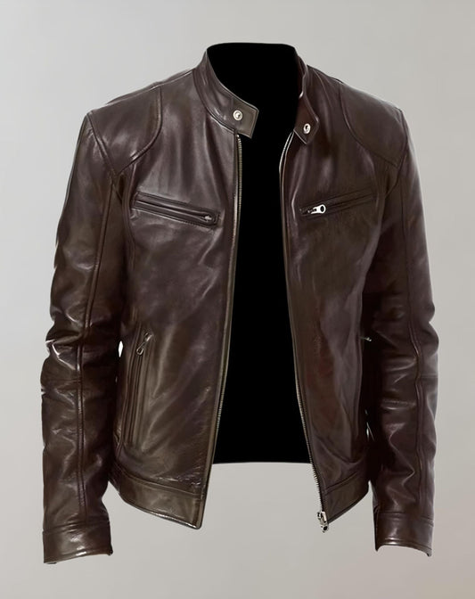 Men’s Gloss-Finish Leather Jacket – Zip-Front Racer Style for Smart Casual Wear