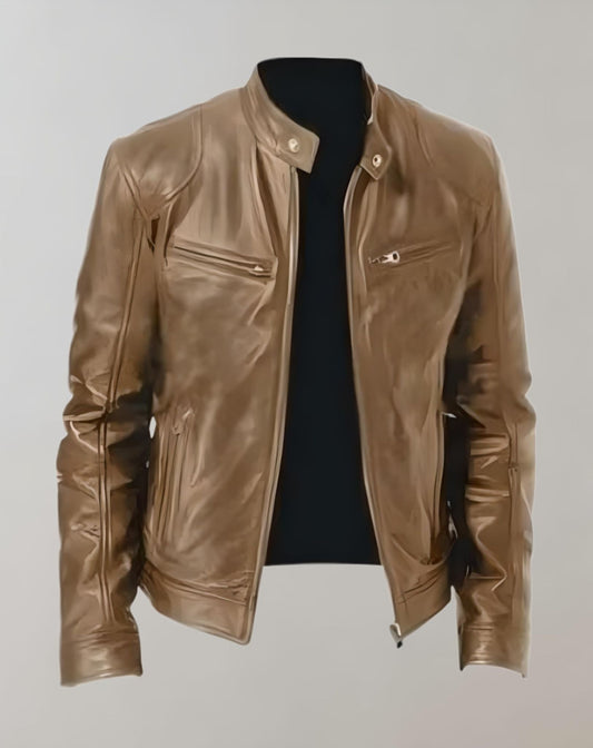 Men’s Gloss-Finish Leather Jacket – Zip-Front Racer Style for Smart Casual Wear